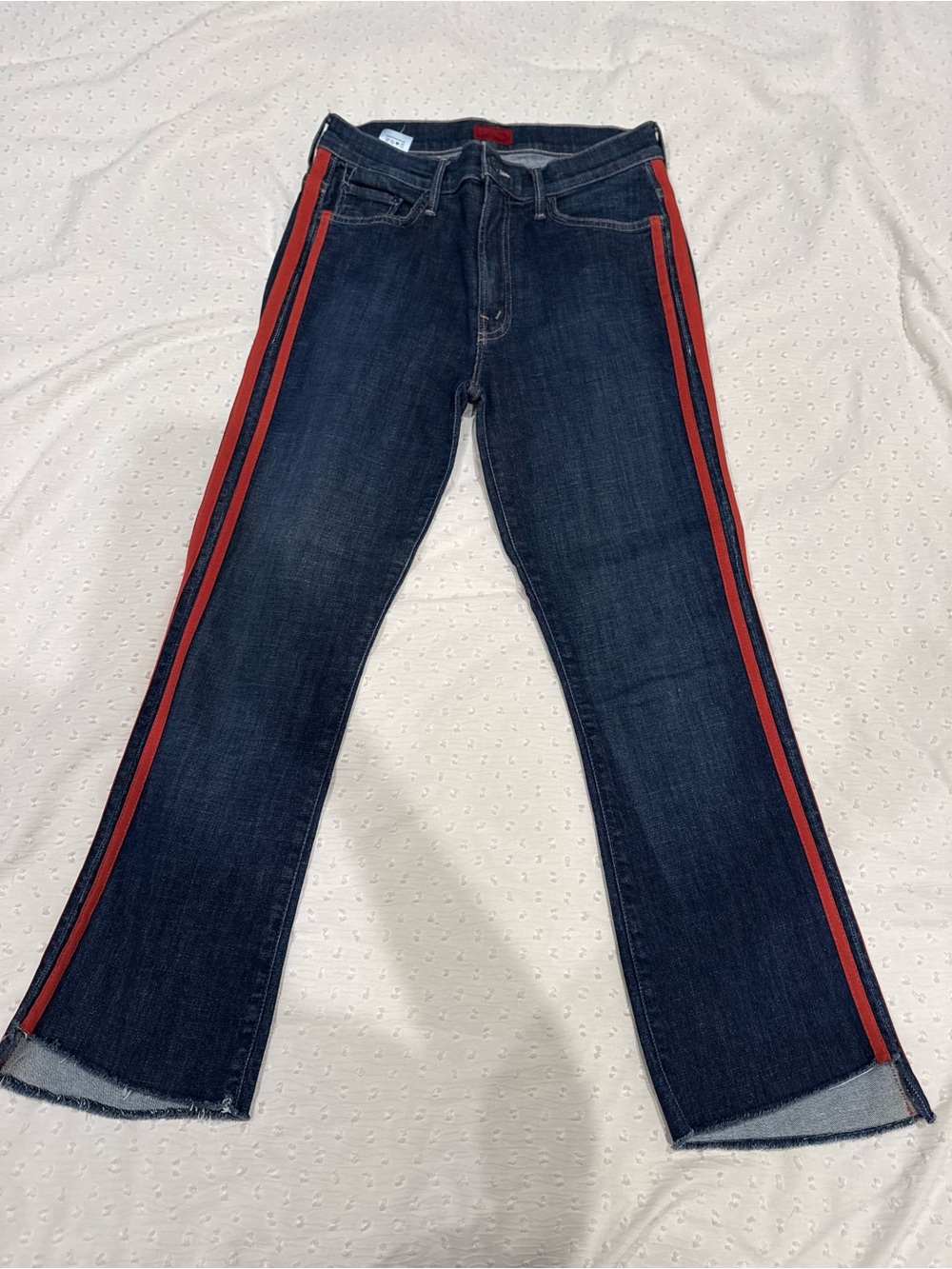 MOTHER Dark Indigo Flare Jeans with Red Side Stripes
